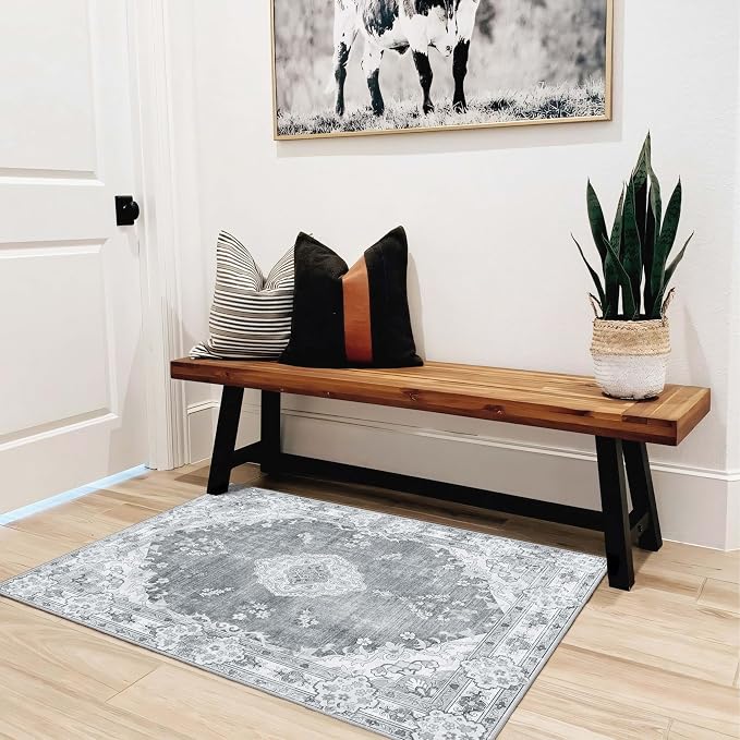 MUJOO Grey Rug 2'x3' Washable Area Rug Small Non Slip Low-Pile Floral | Machine Washable Throw Carpet for Entryway Kitchen Bathroom Bedroom Boho Soft Indoor Vintage Bohemian Distressed Flowers