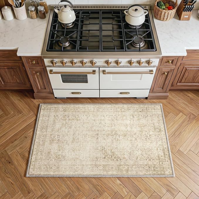 FMFUNCTEX Entryway Rug 2x3 Beige Washable Neutral Vintage Distressed Oriental Door Mat Non Slip Low Pile Indoor Carpet Soft Retro Small Throw Area Rugs for Entry Entrance Bedroom Kitchen Bathroom
