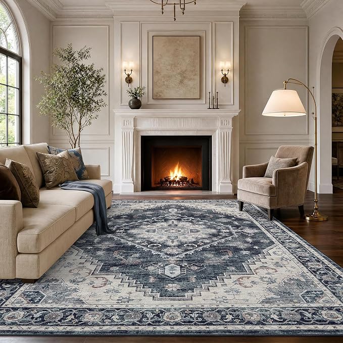 Garvee Navy Blue 9x12 Area Rugs for Living Room, Boho Vintage Non-Slip Washable Rug Low Pile Stain Resistant Soft Foldable Large Carpet for Bedroom Dining Home Decor