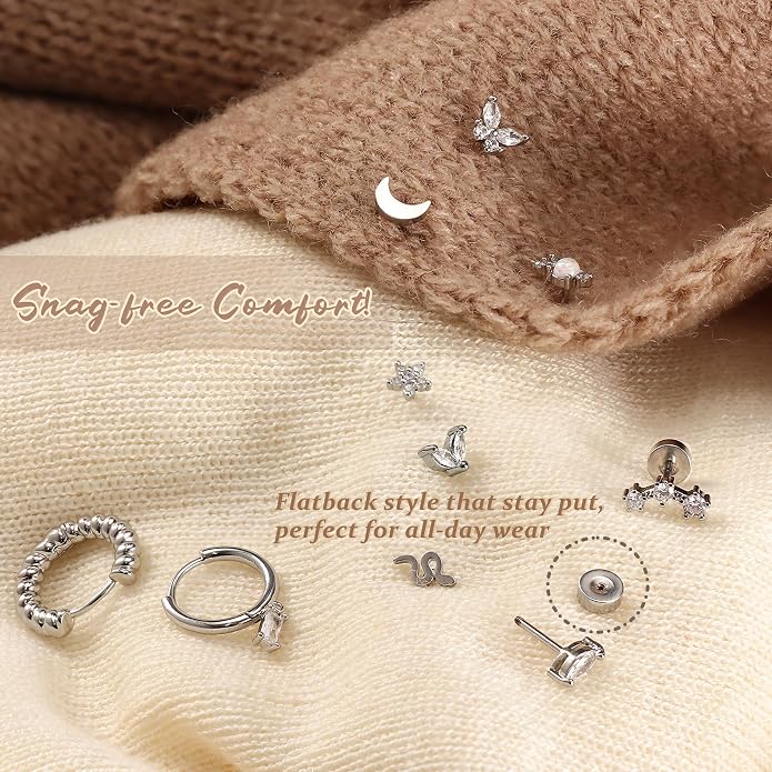 KRFY 25Pcs/17 Pairs Hypoallergenic Surgical Steel Earrings for Sensitive Ears 14K Gold Plated Flat Back Cartilage Earrings for Women Men Screw Back Flatback Stud Hoop Earring Set for Multiple Piercing