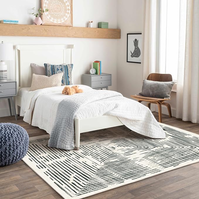 BLISSA Washable 5x7 Area Rugs - Soft Modern Throw Rug for Living Room Non-Slip Ultra-Thin Black White Lines Borderd Abstract Carpet for Bedroom Dining Room Rugs for Under Table Nursery Home Decor