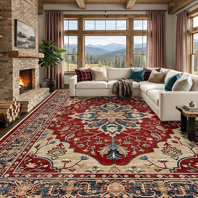 RELEANY Area Rugs Large 10'x14' Washable Non-Slip, Floral Vintage Distress Medallion Carpet for Living Room Bedroom Dining Room, Red Blue