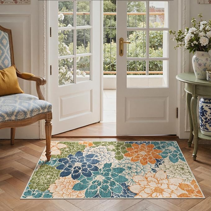 GENIMO 3x5 Outdoor Rug, Washable for Porch and Balcony, Teal Blue | Floral design for entryway; fade resistant chenille with quick-dry non-slip backing for indoor mudroom