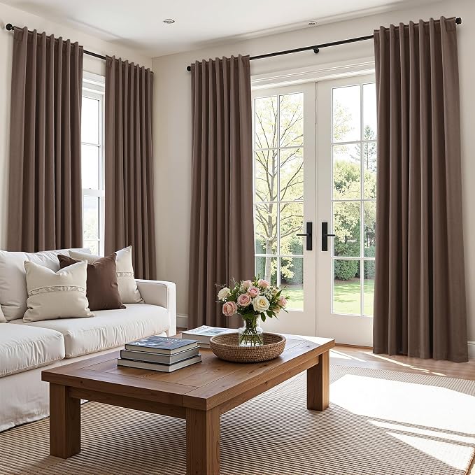 Guken Mocha Mousse 100% Blackout Linen Curtains 90 Inch Length 2 Panels Set for Living Room Bedroom Back Tab/Rod Pocket Thermal Insulated Farmhouse Black Out Drapes Room Darkening,52x90