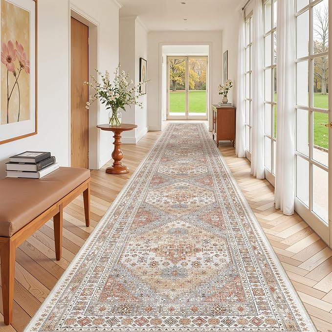 zesthome 3x20 Washable Runner Rug for Hallway, Non-Slip Long Hallway Runner for Entryway, Soft Vintage Kitchen Mats for Floor, Abstract Dining Room, Bedroom, Living Room Rugs(Orange,3'x20')