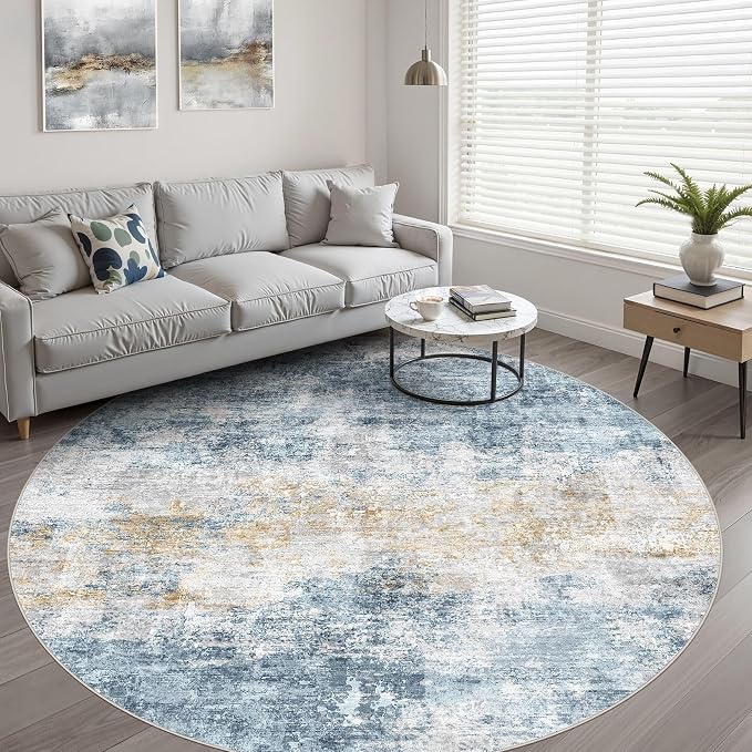 6ft Round Rug Living Room: 6x6 Washable Large Neutral Circle Area Rug Abstract Soft Modern Stain Resistant Indoor Floor Non-Slip Carpet for Bedroom Nursery Kids Office Playroom Dining Room- Blue Gold
