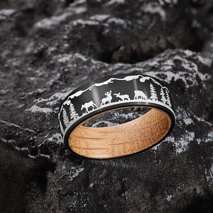 Forest Rings for Men 8 mm Black Plated Wedding Band with Wood Liner Comfort Fit