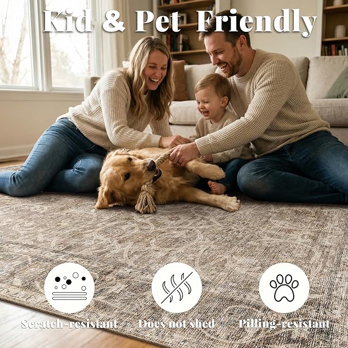 Washable Rugs for Living Room: 10x14 Area Rugs for Bedroom Ultra Soft Non-Slip Stain Resistant Vintage Boho Large Carpet for High-Traffic Dining Room - Farmhouse Decor
