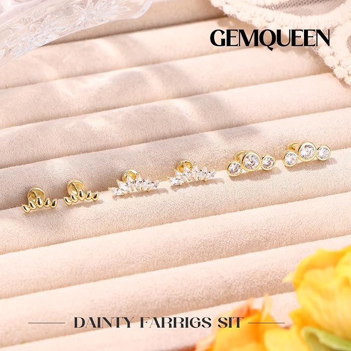 14K Gold Plated Solid 925 Sterling Silver Post Flat Back Earrings Stud | Cartilage Helix Conch Tragus Piercing Jewelry 3 Pairs Tiny Screw Dainty CZ Opal Earring Set Men Women
