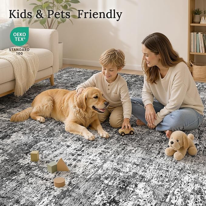 cotiled Washable Area Rug 9x12, Non-Slip Soft Neutral Rug for Living Room | Modern Abstract Carpet, Stain Resistant and Kid & Pet Friendly, Ideal For Bedroom, Dining Room, Nursery, Office - Blue/Gery