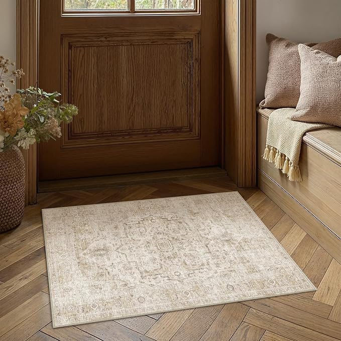 HUGEAR 2x3 Small Area Rugs Beige Machine Washable Rug Entryway Rug Room Decor Distressed Vintage Indoor Door Mat Low Pile Non Slip Carpet for Kitchen Living Bedroom Soft Lightweight