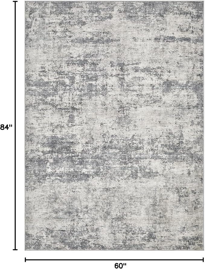 Abstract 5x7 Area Rug: Machine Washable Non Slip Ultra Thin Low-Pile Carpet, Soft Stain Resistant for Living Room Bedroom Nursery, Kid Pet Friendly, Robot Vacuum Compatible - Beige Dark Grey