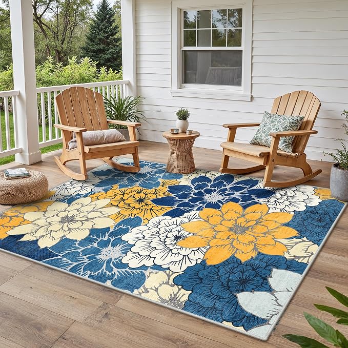 GENIMO 5x7 Outdoor Rug, Washable for Patio and Deck, Blue Yellow | Floral design for porch; fade resistant chenille with quick-dry non-slip backing for indoor sunroom