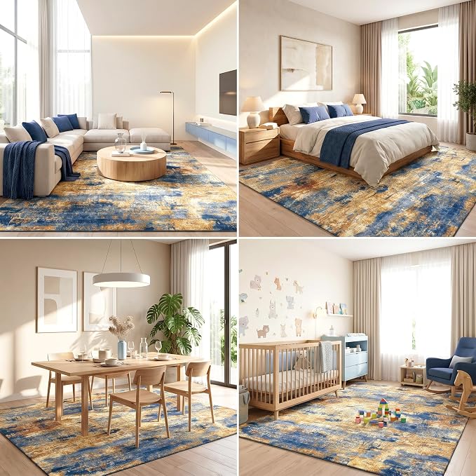 Abstract Washable Area Rug, 6'x9', Navy & Gold | 0.3" Low Pile Carpet, 100% Cotton-Backed, Non-Slip Silicone Backing, Stain & Water Resistant, Pet & Kid Friendly