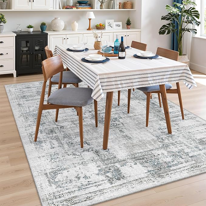 Madane 5x7 Area Rugs Washable Rug: Vintage Living Room Rug with Non-Slip Backing Low Pile Rugs Soft Indoor Floor Thin Carpet Non Shedding Carpets for Bedroom Dining Room Farmhouse Blue/Grey