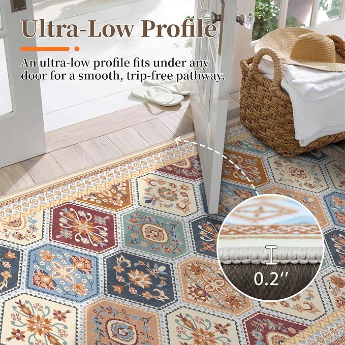 2x3 Washable Entryway Rugs, Soft Non-Slip Boho Moroccan Rug, Low-Pile Printed Indoor Throw Rugs for Entrance, Kitchen, Bedroom Bedside- Multi | Soft Low-Pile Printed Indoor Throw Rugs for Entrance, Kitchen, Bedroom Bedside