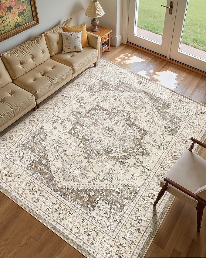 10x12 Vintage Area Rug: Washable Neutral Soft Non Slip Thin Large Floor Carpet for Living Room Bedroom Kitchen Dining Room Home Office Farmhouse Indoor - Brown