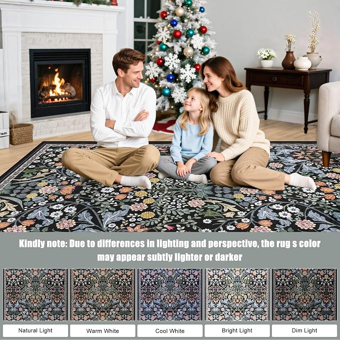 Runner Rug for Entryway: 2.6x14 Kitchen Rugs Non Slip Washable Ultra-Thin Soft Floral Carpet Indoor Floor Stain Resistant Carpets for Hallway Bedroom Kitchen Laundry Bathroom Dorm Dark Black