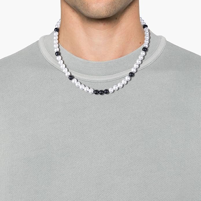 GAVU Men's Pearl Necklace, Pearl Jewelry Crystal Beaded Necklace for Men 20"/22"/24"/26"