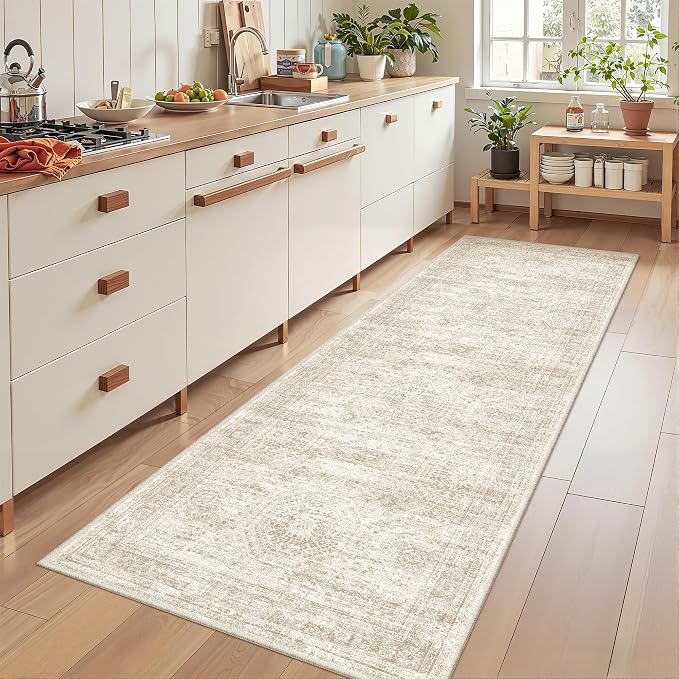 2'6 x 8' Runner Rug Non Slip,Washable Kitchen Rugs,Beige | Neutral Rugs for Kitchen,Entryway,Bedroom,Bathroom,Nursery Room,Thin,Soft Runner Rug,Stain Resistant Indoor Carpet