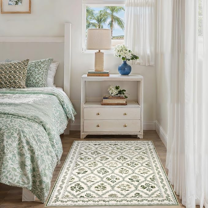Green and Beige Rugs 4x6 Nursery Area Rugs Washable for Living Room, Christmas Faux Wool Soft Floral Boho Vintage Indoor Carpet for Bedroom, Dark Emerald Olive Green Flower and Leaf