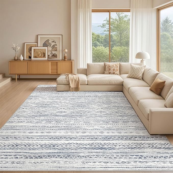 Tortania Area Rug Living Room Rugs- 10x14 Washable Large Soft Neutral Boho Moroccan Bohemian Farmhouse Rug Indoor Floor Carpet for Bedroom Under Dining Table Home Office Decor - Dark Blue