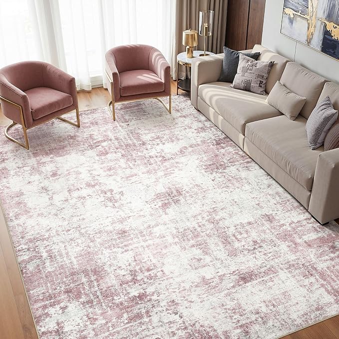 Washable 5x7 Area Rug for Living Room - Modern Abstract Carpet with Non-Slip Backing, Low Pile & Soft, Stain Resistant, Kid & Pet Friendly Decor for Bedroom & Dining Room - Pink