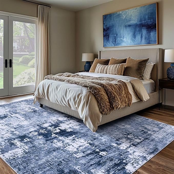 DMOYEST Area Rug Living Room Rugs - 5x7 Washable Large Soft Indoor Neutral Modern Abstract Low Pile Rug Carpet for Bedroom Dining Room Farmhouse Home Office - Navy Blue