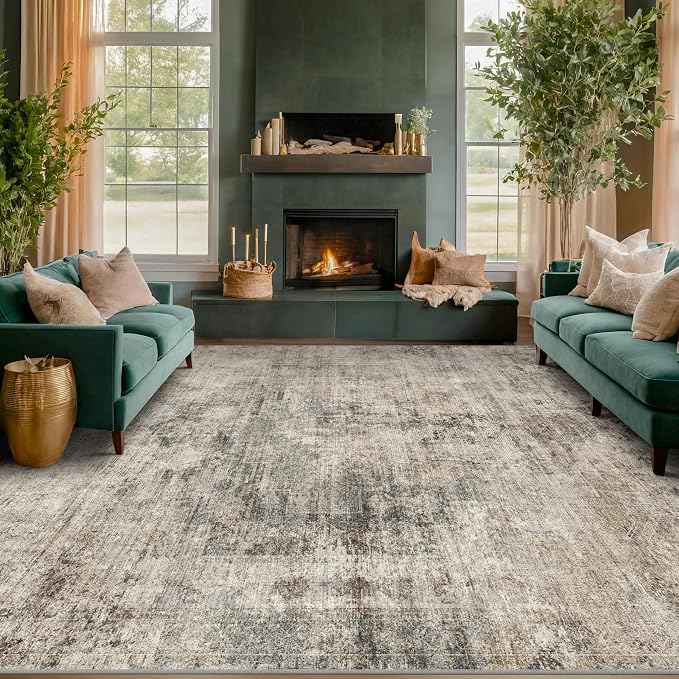 Hazo Haus Taupe Brown Extra Large Area Rug for Living Room 10x14 – Modern Farmhouse Rustic Washable Rug for Dining Room & Bedroom, Non-Slip Foldable Dark Academia Décor