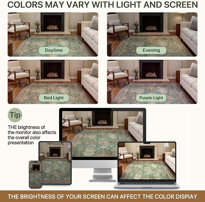 Bavni 10x14 Area Rugs for Living Room, Machine Washable Rug Lightweight Low Pile, Chenille Non Slip Rug Boho Print Decorative Carpet for Bedroom Dinning Room, Sage/Gold