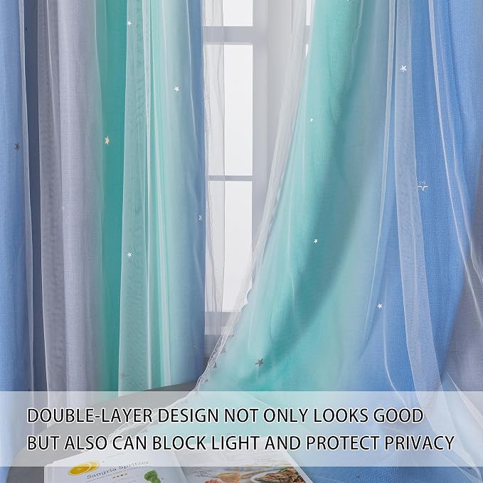 XiDi Blue Green Grey Curtains for Girls Bedroom Decor Kids Blackout Curtains for Nursery Room Darkening Rainbow Princess Unicorn Wall Decals Little Girl 52x45 Inches Long 2 Panels Set