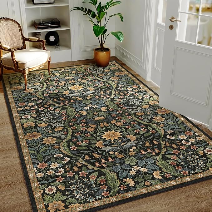 4x6 Black Brown Floral Boho Area Rug,Low-Pile Stain Resistant Non-Slip Machine Washable Carpet for Living Room,Bedroom, Kitchen,Entryway,Dining Room, Nursery