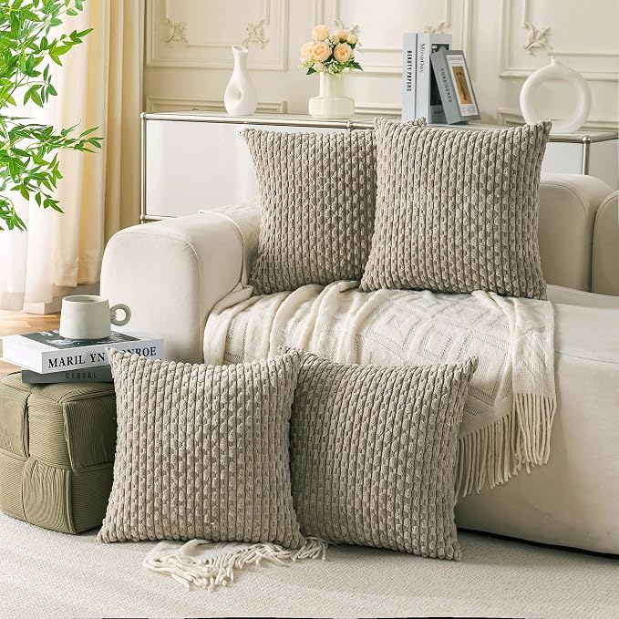 Set of 4 Taupe Decorative Throw Pillow Covers 16x16 Inch Corduroy Pillow Covers for Bed Couch Sofa Living Room Soft Square Cushion Cases