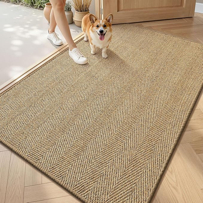 LUMI Indoor Door Mat 36"x60", Non-Slip Handwoven Sisal Rug, Herringbone | Handcrafted Natural Sisal Fibers, Reinforced Edges Resist Fraying, 0.2" Low-Profile Doormat, Dot-Coated Non-Slip Backing