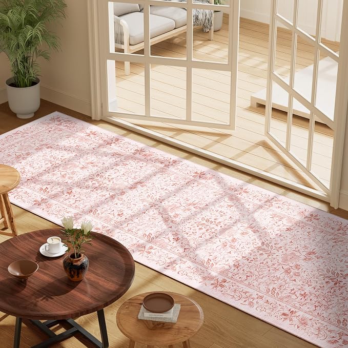 DUKINO 2x6 Runner Rug, Washable Vintage Floral Kitchen Rug, Pink | Non Slip, Low Pile, Stain Resistant Boho Soft Throw Carpet Runner for Hallway Bathroom Laundry Bedroom Entryway, Non-Shedding