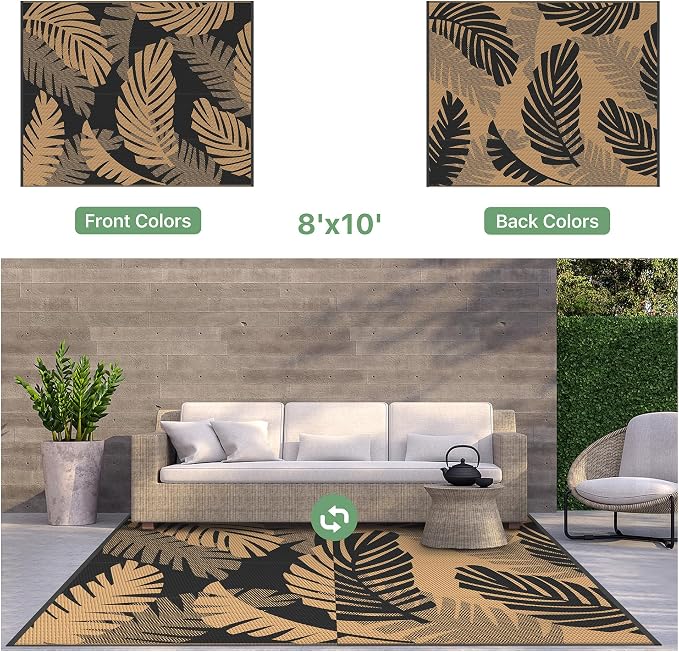 GENIMO Outdoor Rug, Waterproof Plastic Rugs for Patio, 8'x10' Black Brown | Outside Larger Leaf Carpet Mat for Porch Decor, Deck, Balcony, Camping, RV, Backyard, Picnic, Beach, Reversible, Foldable