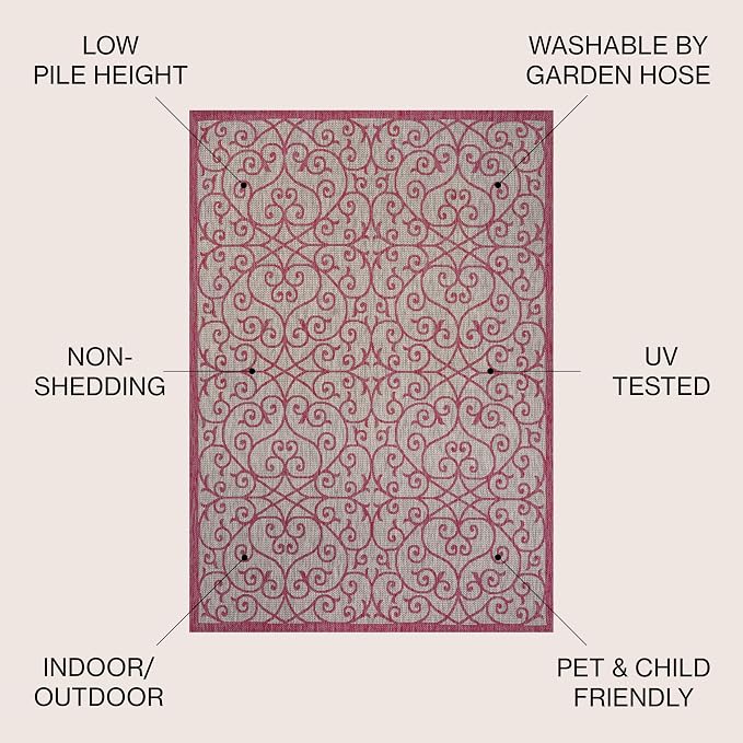 JONATHAN Y Vintage Filigree Indoor Outdoor Area Rug 3X5 Light Gray/Fuchsia, Madrid Textured Weave for Backyard, Patio, Porch, Easy-Cleaning, High Traffic, Pet-Friendly, Non-Shedding (SMB107I-3)
