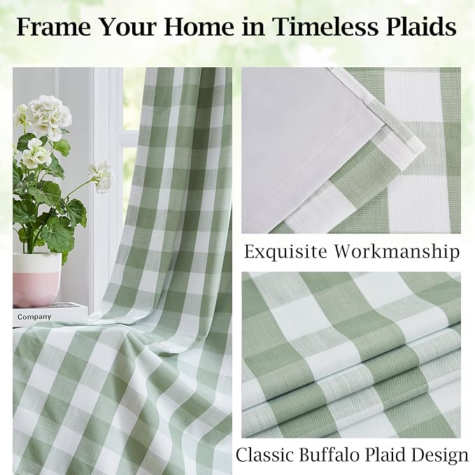 72 Inch Sage Green Plaid Full Blackout Curtains,Gingham Drapes | Gingham Drapes,Farmhouse Thermal Insulated Energy Efficient Window Treatment for Living Room Bedroom,Rod Pocket Back Tabs