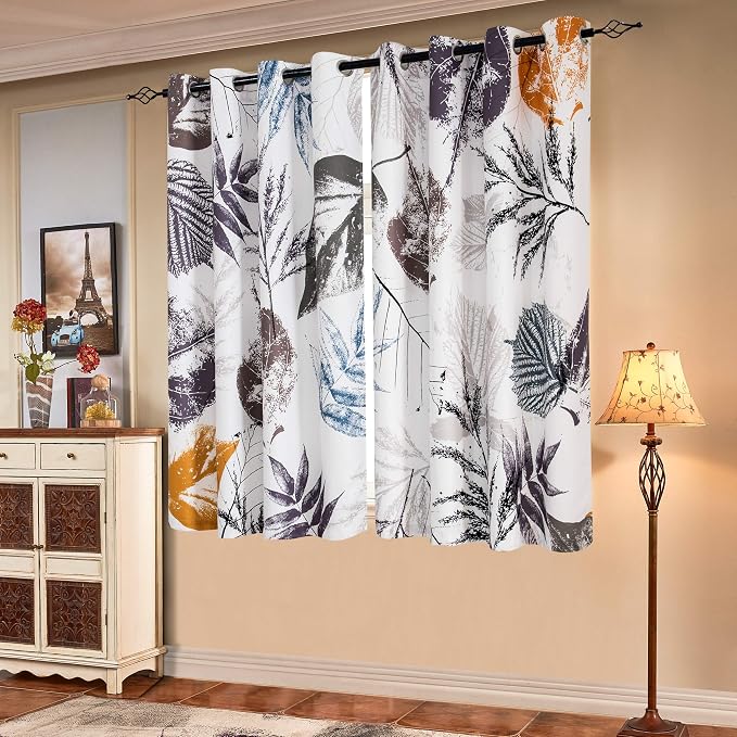 SUBRTEX Boho Leaf Printed Curtains 63 inch Long 2 Panels, Room Darkening Vibrant Floral Drapes, 50% Blackout Light Flitering Curtains, Semi Sheer Farmhouse Curtains for Living Room, 52Wx63L, Gray Leaf