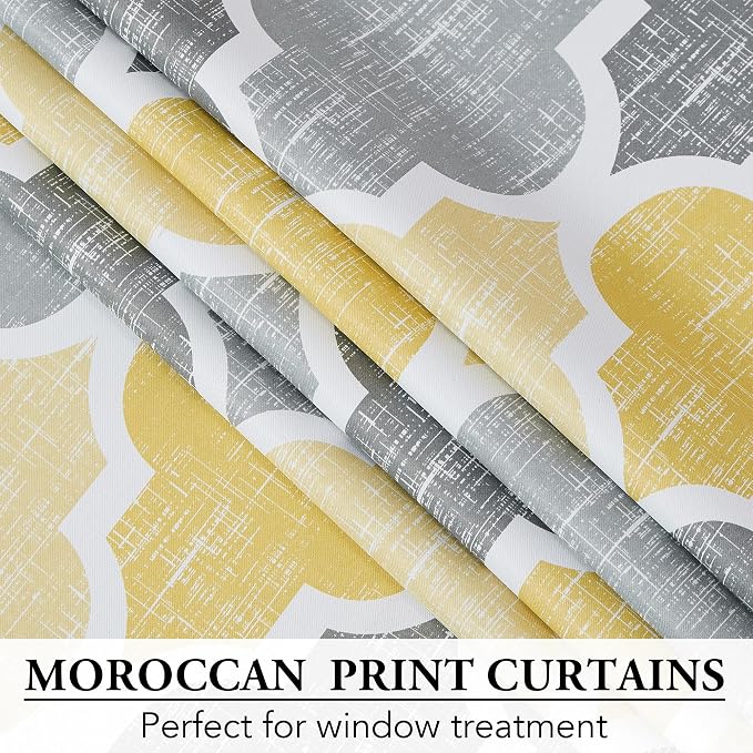 Beauoop Moroccan 100% Blackout Curtains Bedroom Yellow Grey 50x63 2 Panels | Geometric Room Darkening Drapes for Living Room 84 Inch Long Thermal Insulated Soundproof Lattice Window Treatment Rod Pocket
