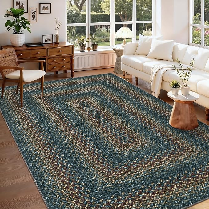 GarveeHome 8x10 Washable Living Room Area Rug Non Slip Braided Rugs | Low Pile Stain Resistant Dining Room Throw Carpet Indoor Outdoor Modern Bordered Area Rugs for Home Decor, Navy/Rust