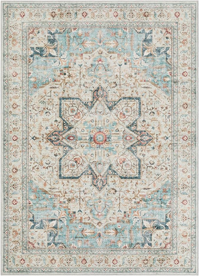 Tortania Area Rug Living Room Rugs - 7x10 Washable Boho Rug Vintage Oriental Distressed Farmhouse Large Thin Indoor Carpet for Living Room Bedroom Under Dining Table Home Office - Aqua Multi