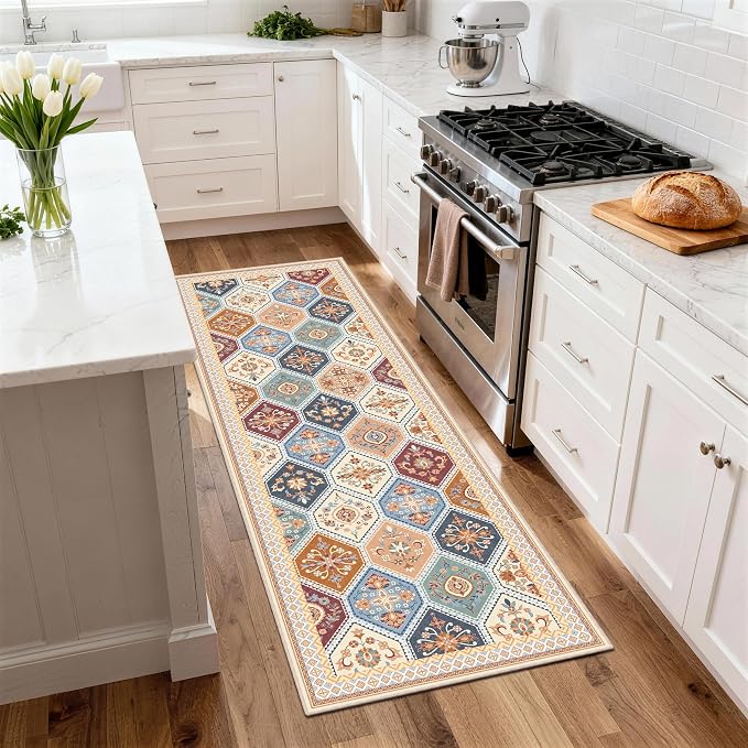 2x6 Runner Rug, Soft Non-Slip Boho Moroccan Rug, Low-Pile Printed Indoor Runners for Entryway, Hallways, Kitchen, Laundry Room, Bedside- Multi | Low-Pile Printed Indoor Runners for Entryway, Hallways, Kitchen, Laundry Room, Bedside