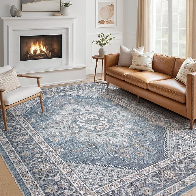 Tortania Area Rug Living Room Rugs - 8x10 Washable Boho Rug Vintage Oriental Distressed Farmhouse Large Thin Indoor Carpet for Living Room Bedroom Under Dining Table Home Office - Blue
