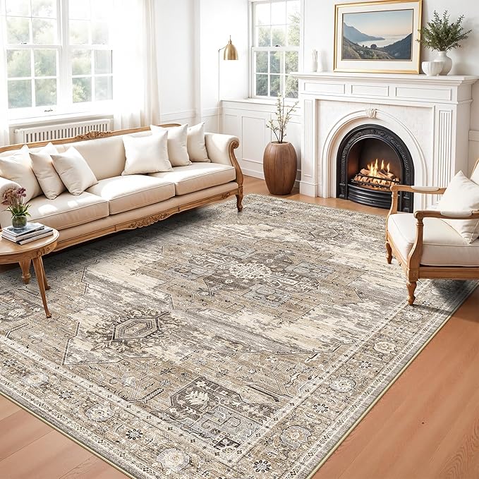 RUUGME 6x8 Washable Oriental Area Rug - Living Room Rugs with Non Slip Backing Soft Stain Resistant Carpet for Bedroom Kitchen Ultra Thin Low Pile Home Decor Floor Mat for Bathroom Nursery 6x8 Beige