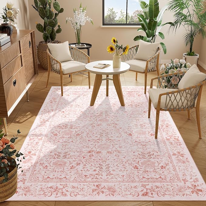 DUKINO 4x6 Rug for Living Room, Washable Vintage Floral Area Rug, Pink | Non Slip, Low Pile, Non-Shedding, Aesthetic Lightweight Soft Indoor Carpet for Bedroom Kitchen Bathroom Entryway Farmhouse