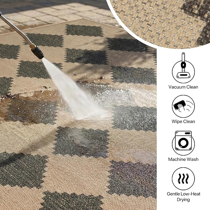 GENIMO Indoor Outdoor Area Rug 5'x8', Checkered Easy Jute Rug Machine Washable, Easy-Cleaning, Non Slip Geometric Woven Outdoor Carpet for Patio, Living Room, Backyard, Porch, Deck, Balcony
