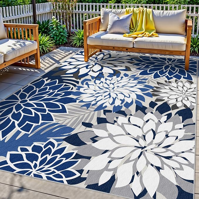 8x10 Outdoor Area Rug Washable Multicolored Patio Rug Tropical Botanical Floral Chenille Waterproof Outdoor Carpet Non-Slip for Deck, Backyard, Porch, Blue