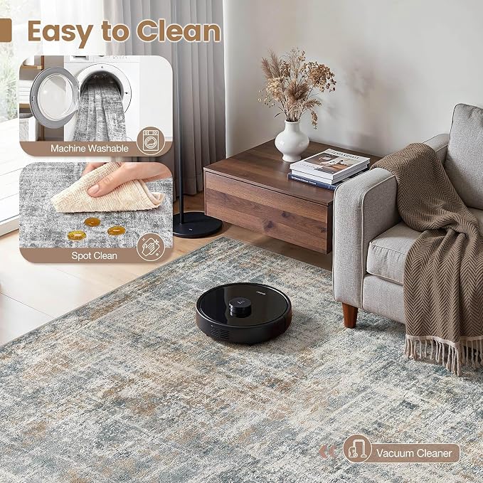 cotiled Washable 6x9 Area Rug for Living Room - Modern Abstract Carpet with Non-Slip Backing, Low Pile & Soft, Stain Resistant, Kid & Pet Friendly Decor for Bedroom & Dining Room - Blue Brown