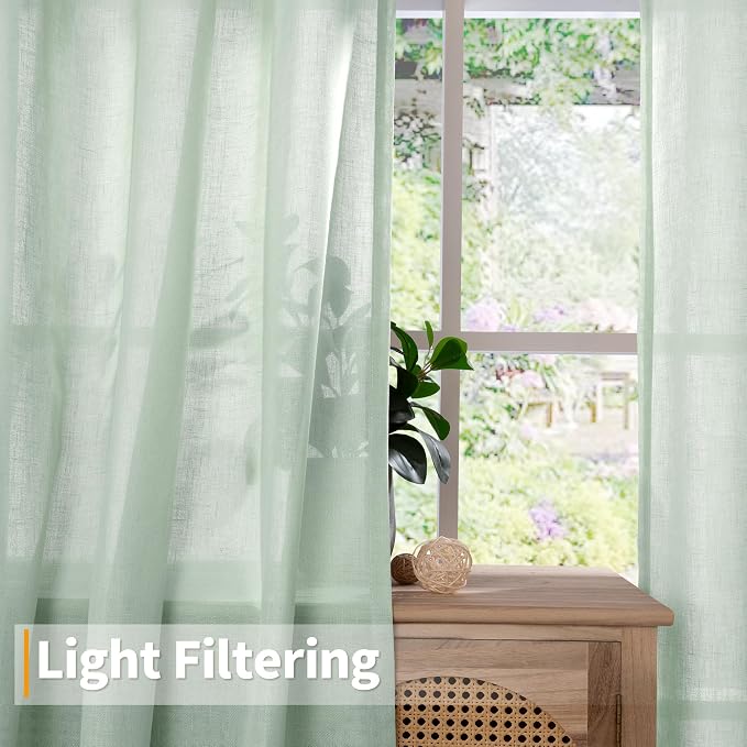 YoungsTex Light Green Linen Semi Sheer Curtains 45 Inch Length, Short Drapes Lightweight with Grommet Light Filtering for Living Room Window, 2 Panels, 52 X 45 Inch